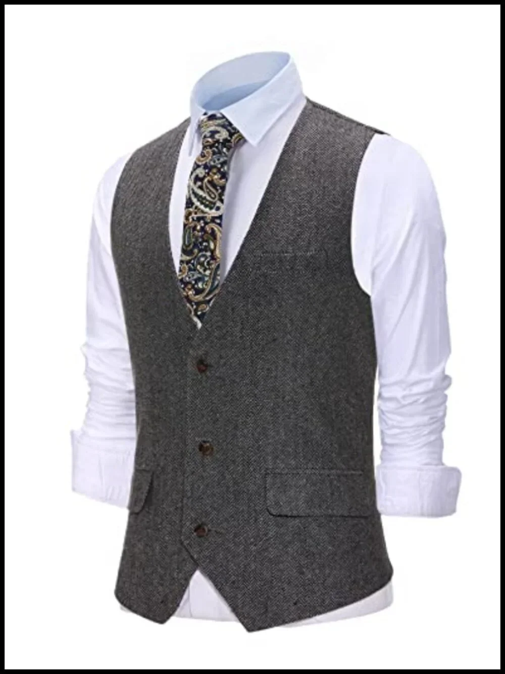 Men's Herringbone Tweed Wool Suit Vest Slim Fit Single Breasted Waistcoat